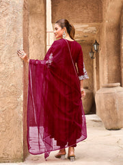 Red color rayon white thread embroidered A line kurta & trouser with dupatta set 