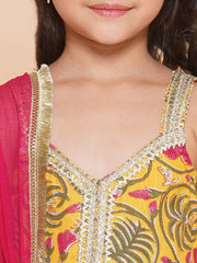 cotton  Woven Sleeveless Floral Print A Line Kurta And Sharara With Dupatta Set - Yellow
