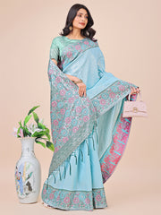 Premium Pink & Sky Blue Floral Woven Lichi Silk Saree with Rich Pallu & Tassels – Festive & Party Wear for Women
