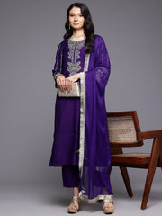 Women Silk Navy Blue Zari Embroidered Kurta Set With Dupatta