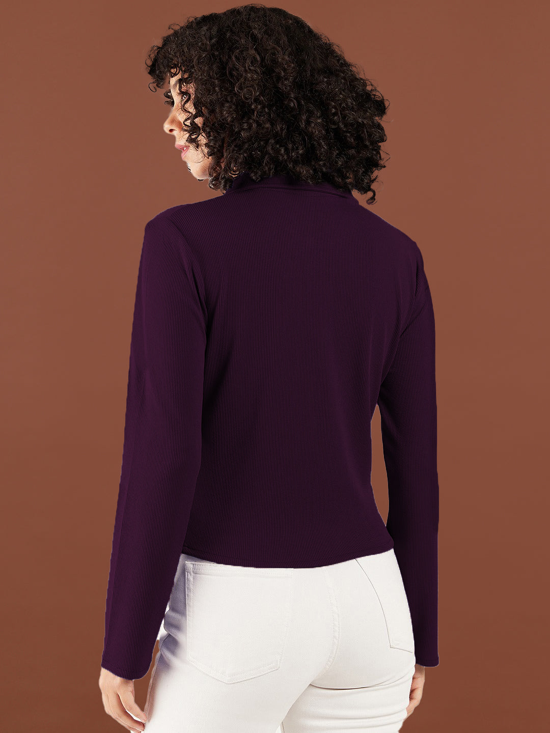 Women Ribbed Polo Collar T-shirt