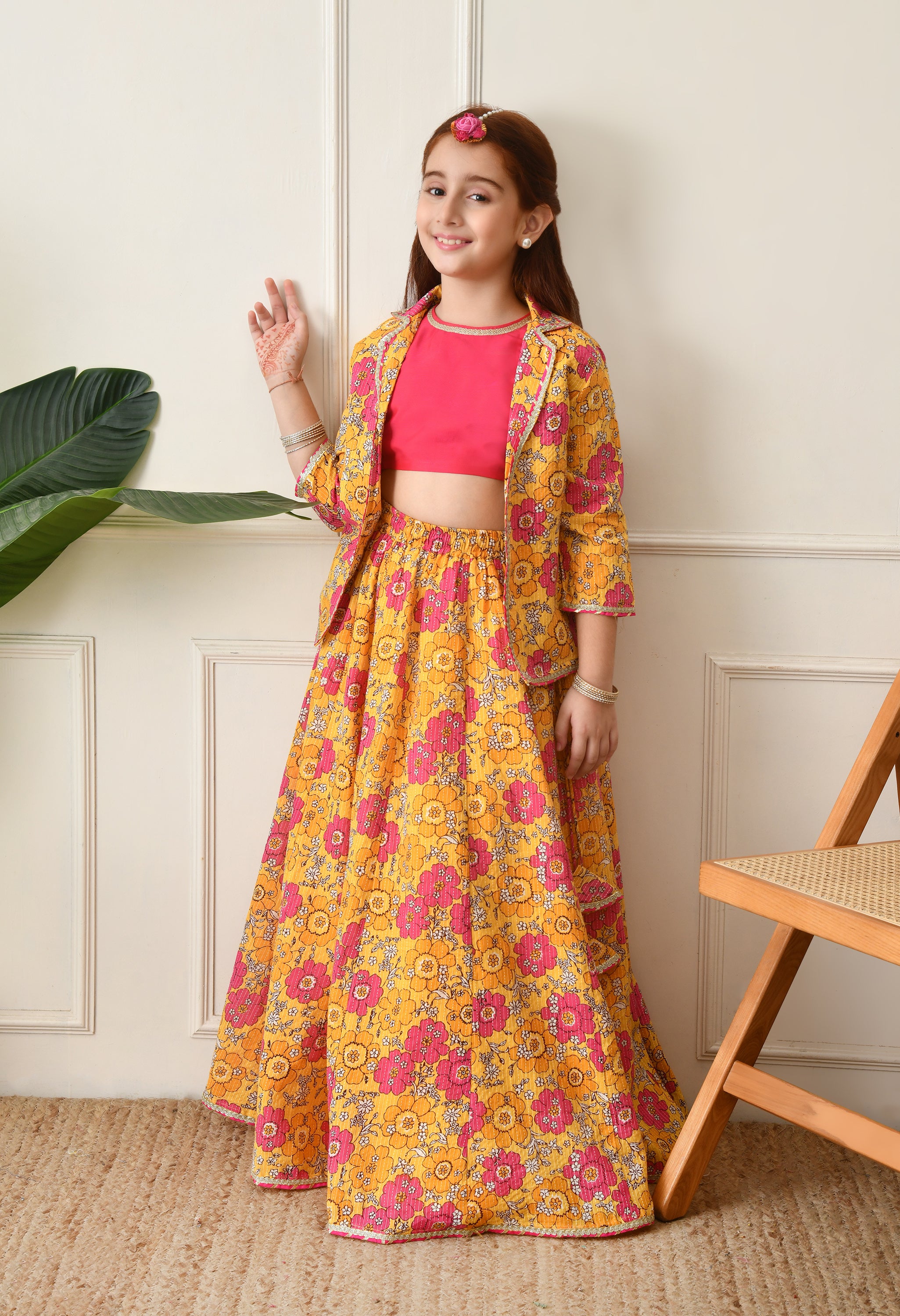 Girls Mustard Yellow Floral Printed Lehenga Choli Set with Stylish Jacket