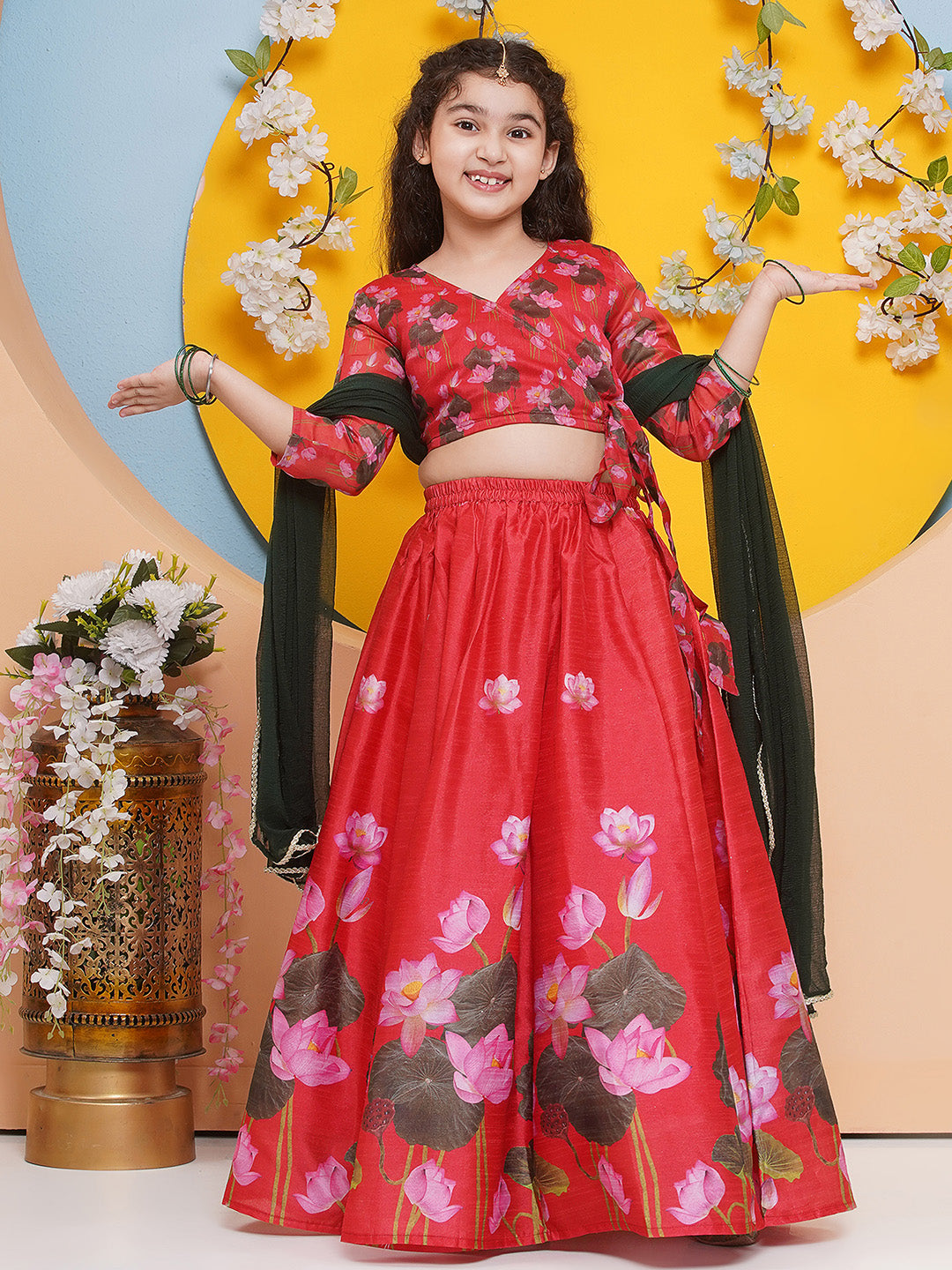 Girls Red Ready to wear Choli & Lehenga with Dupatta