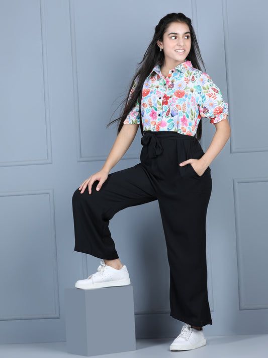 Girls Polyester Floral Printed Jumpsuit