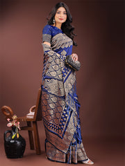 Graceful Royal Blue Banarasi Silk Saree with Silver Zari – Perfect Ethnic Wear for Weddings & Festive Moments