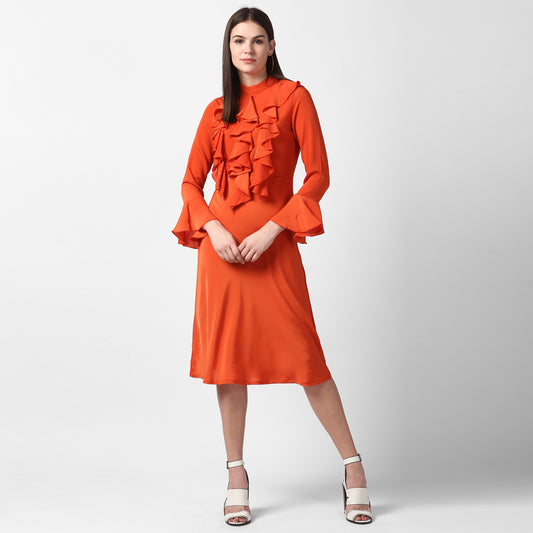 Women's Orange Front Ruffle Bell Sleeve Dress