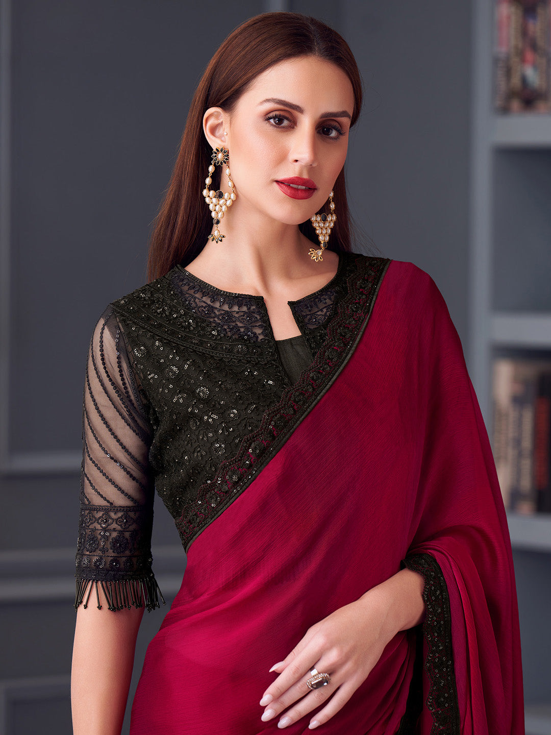 Women's Satin Silk Pink Embellished Designer Saree With Blouse Piece