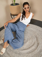 Women's Blue Self Design Smocked Waist Pants