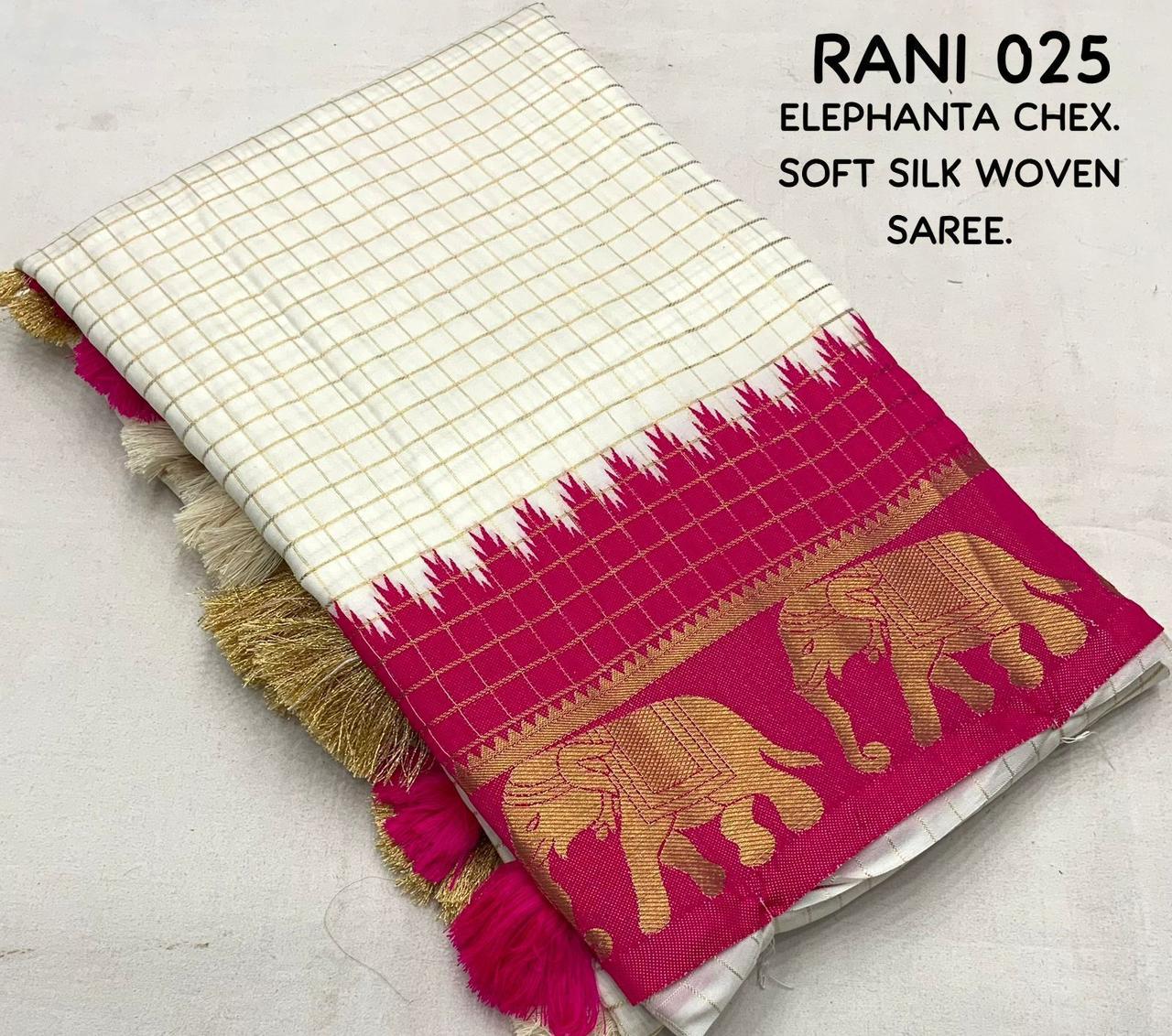 sift silk saree with zari woven chex and with elephant border and rich pallu.Cotton tasslels on pallu.