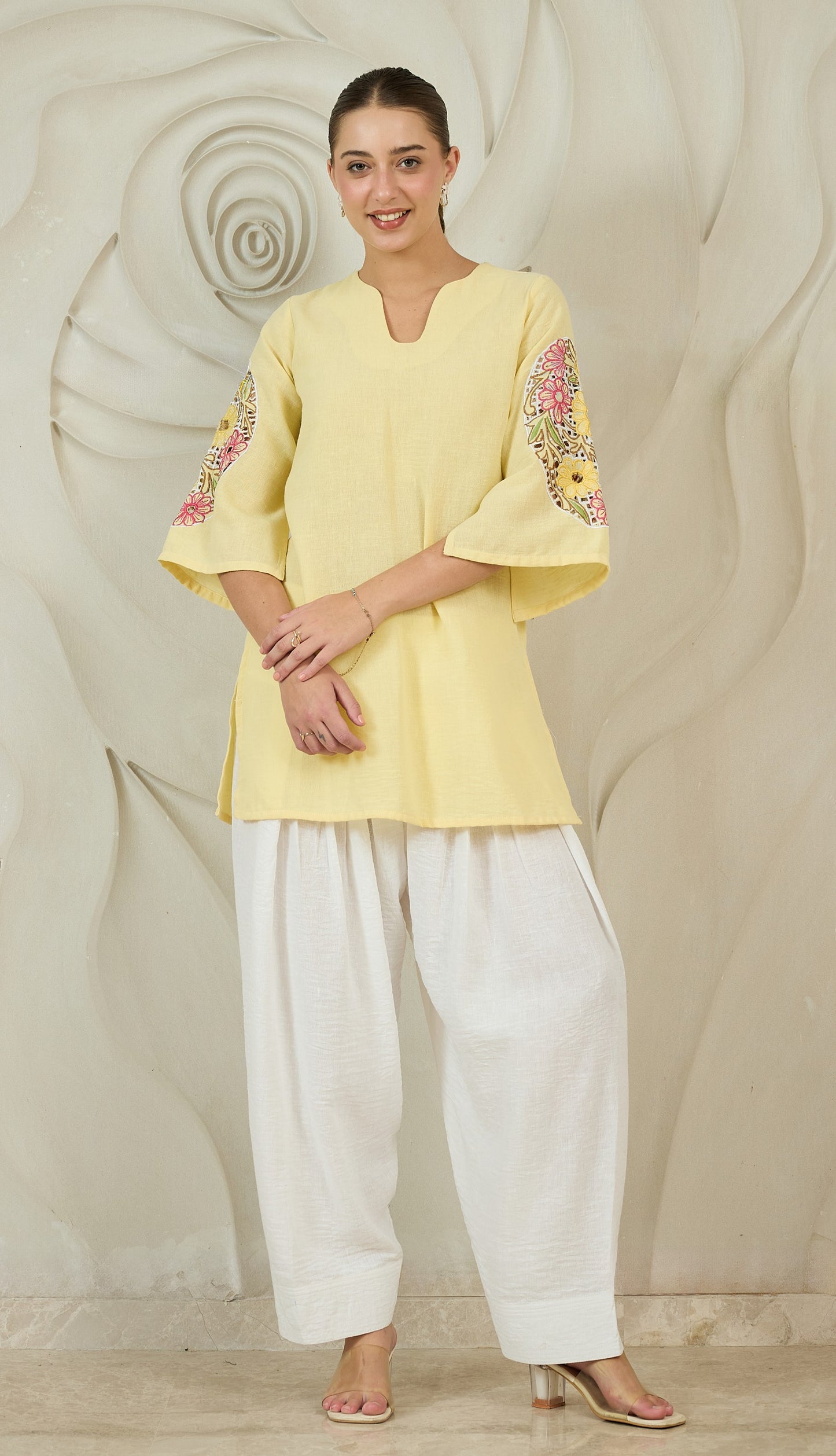 Women Farshi Floral Embroidered U-Neck Pure Cotton Kurti with Salwar