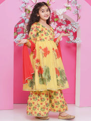 Girls Yellow Floral Printed Angrakha Kurta with Sharara with dupatta