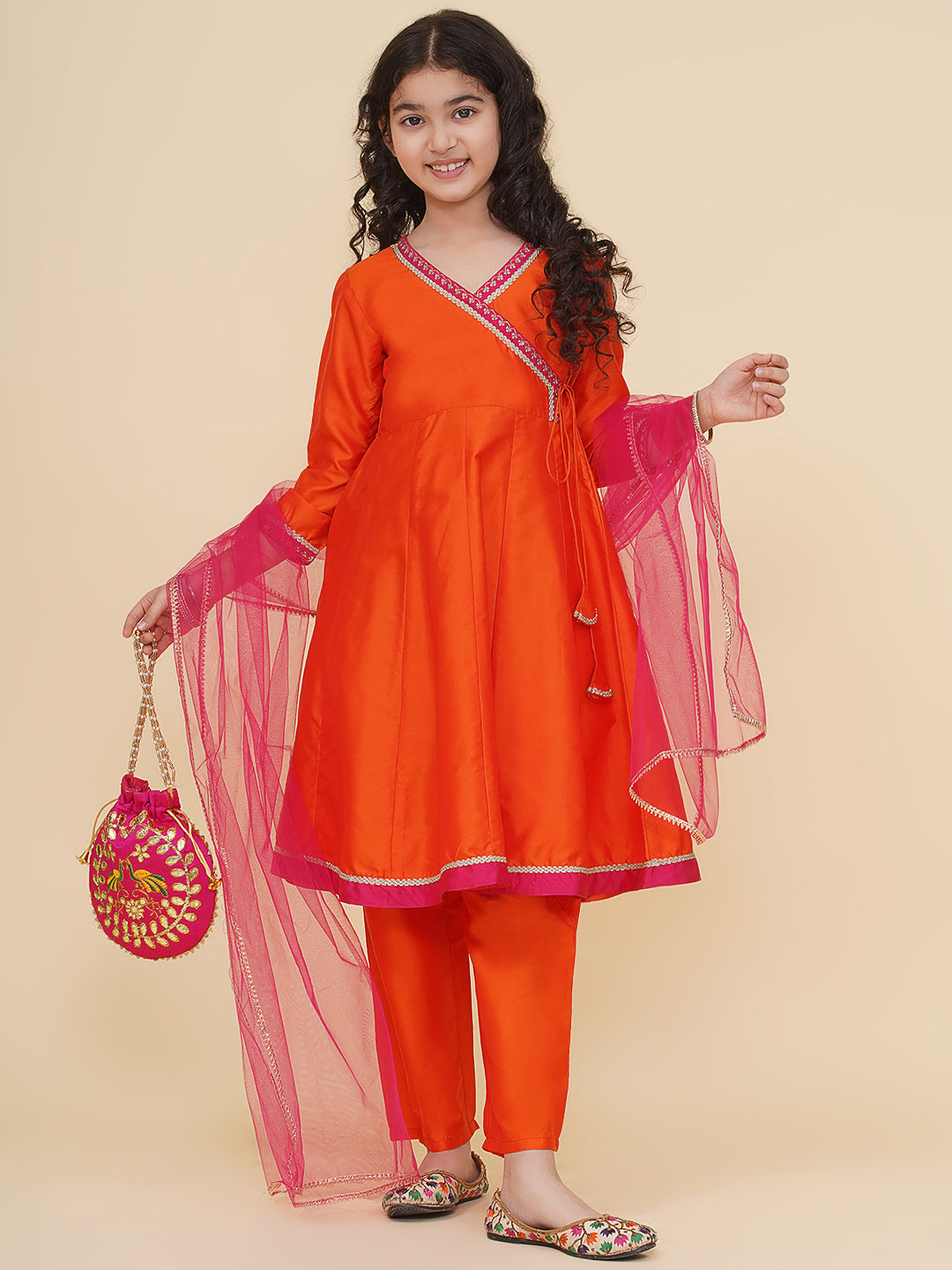 Solid Three-Fourth Sleeves Above Knee Length Silk Kurta & Trousers With Dupatta - Orange