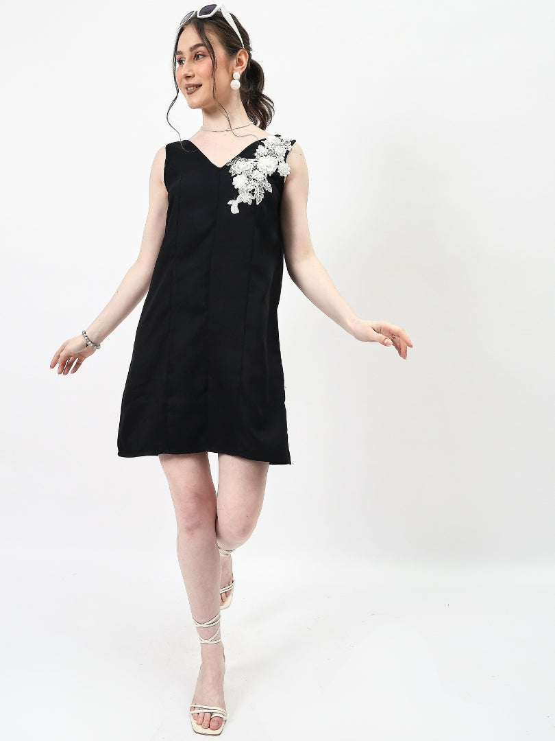 Floral Applique Linen Sheath Mini Dress-ADR-19722A