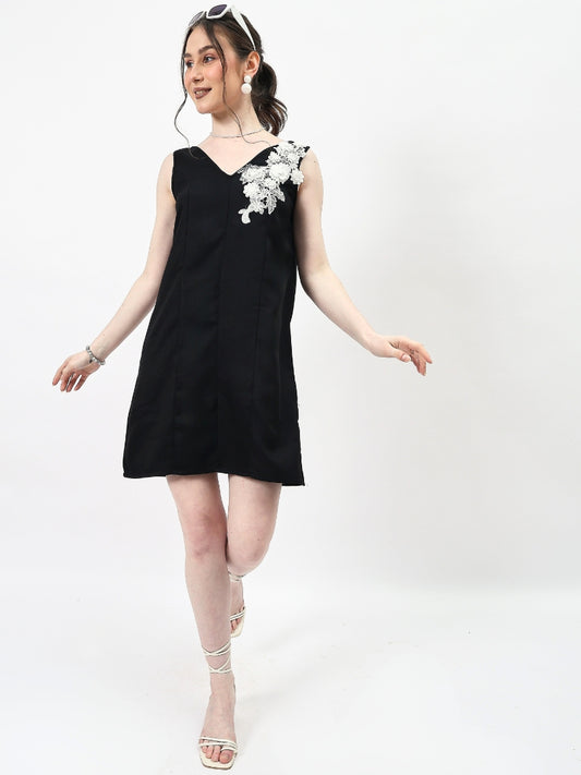 Floral Applique Linen Sheath Mini Dress-ADR-19722A