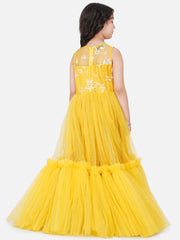 Net Woven Sleeveless Embroidered Flared Frock - Yellow