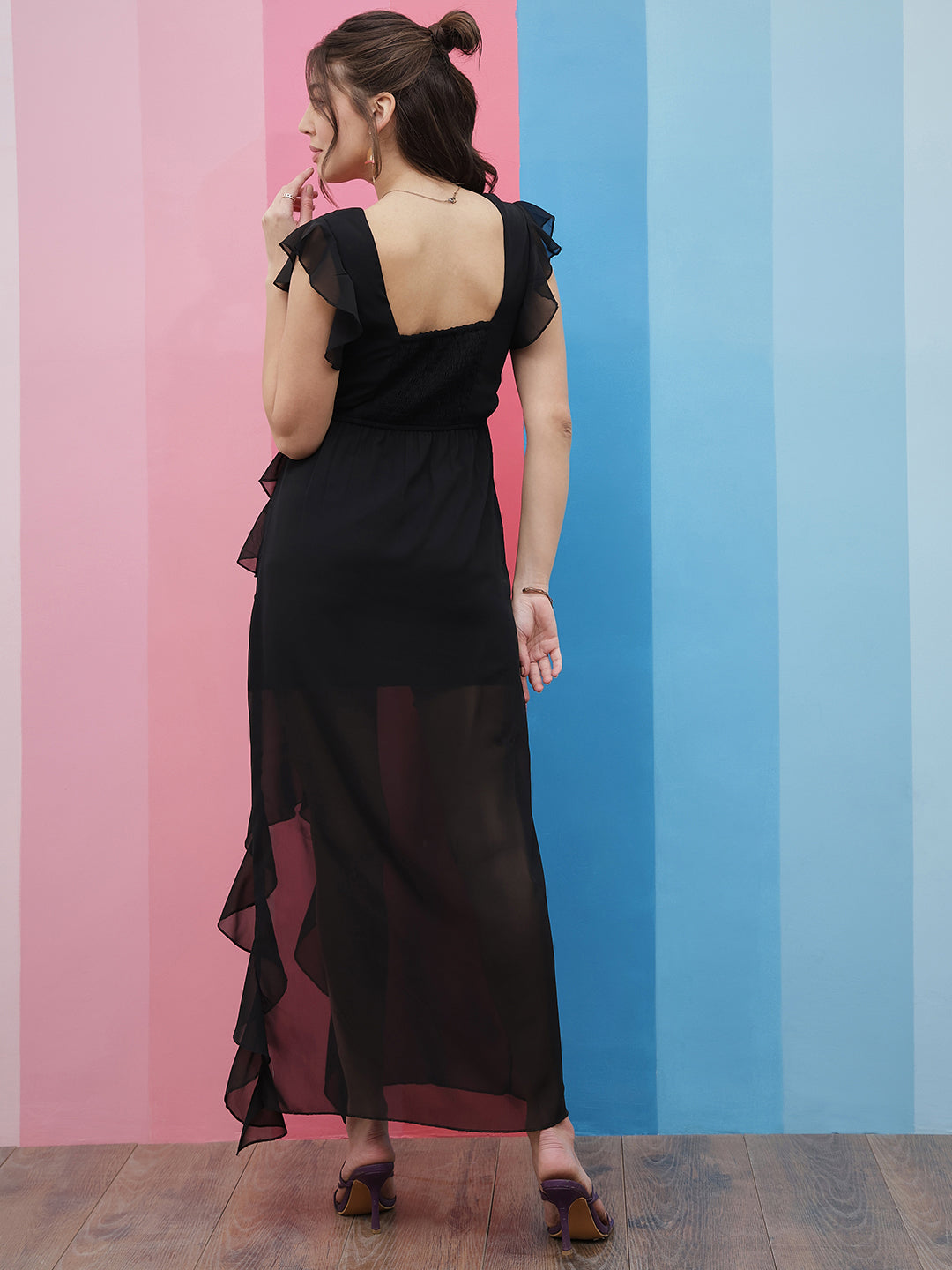 Black Square Neck Flutter Sleeves Ruffled Detailed Maxi Dress