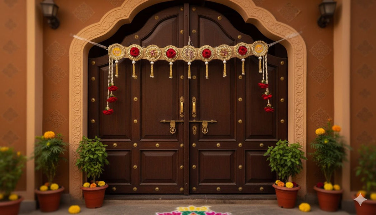 Traditional Handcrafted Toran Door Hanging with Red Roses, Gold Metallic Trim, Pearl Beads, Decorative Wall Decor for Indian Festivals
