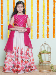 Girls Pink Mirror Work Ready to Wear Blouse & Digital Printededed Lehenga With Dupatta
