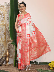 Premium Woven Linen Cotton Saree with Traditional Zari Border – Elegant Festive Look Perfect for Durga Puja, Navratri & Bengali Celebrations