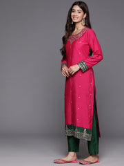 Women Pink Placement Design  Embroidered Straight Kurta Paired With Contrast Bottom And Chiffon Dotted Dupatta With Four Side Fringes