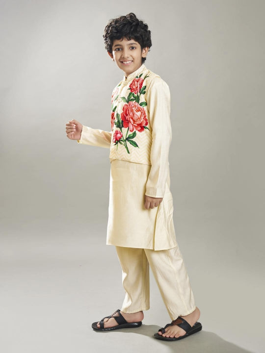 Boys off white kurta pajama with off white floral print jacket