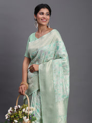 Sky Blue Linen Cotton Saree with Silver Zari Weave & Tassels – Festive & Elegant Office Wear
