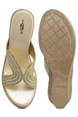 Gold Casual Wedge Open Back 3 inches Wedge Heels