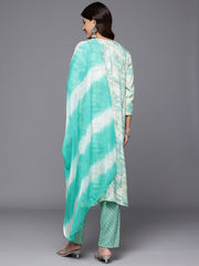 Women Tourquoise Blue  Round Neck Embroidered Yoke Printed Kurta Paired With Printed Bottom & Tie-Dye Dupatta