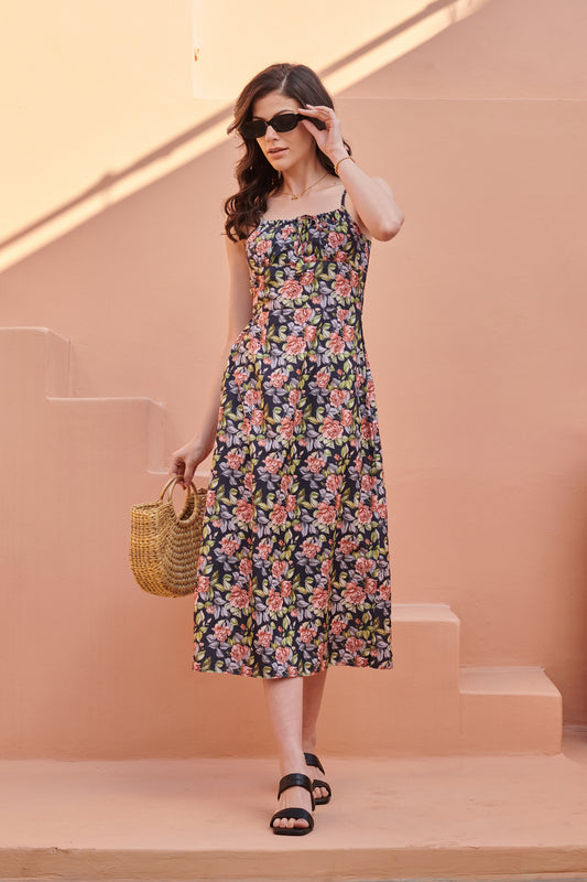 Iris Black Strappy Midi Dress