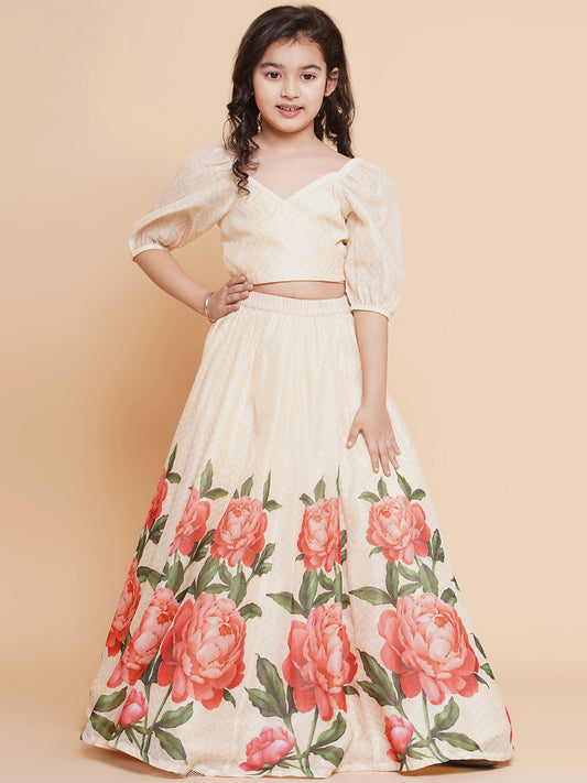 Girls Beige Peacock Printed Ready to wear Lehenga with Choli