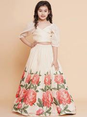 Girls Beige Peacock Printed Ready to wear Lehenga with Choli