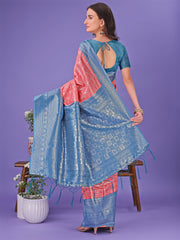 Vibrant Yellow & Blue Lichi Silk Saree with Rich Woven Border and Contrast Blouse – Festive & Wedding Wear
