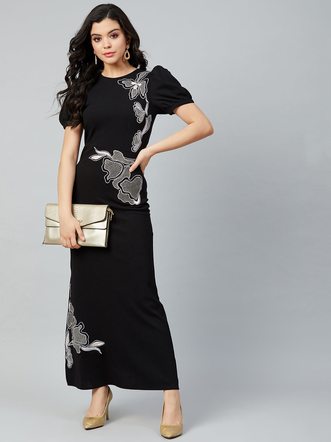 Women Embroidered Puff Sleeve Sheath Maxi Dress