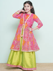Girls Pink & Green Floral Printededed Ready to Wear Lehenga & Blouse with Shrug