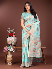 Elegant Sky Blue Linen Saree with Intricate Woven Patterns – Lightweight Grace for Everyday and Festive Moments