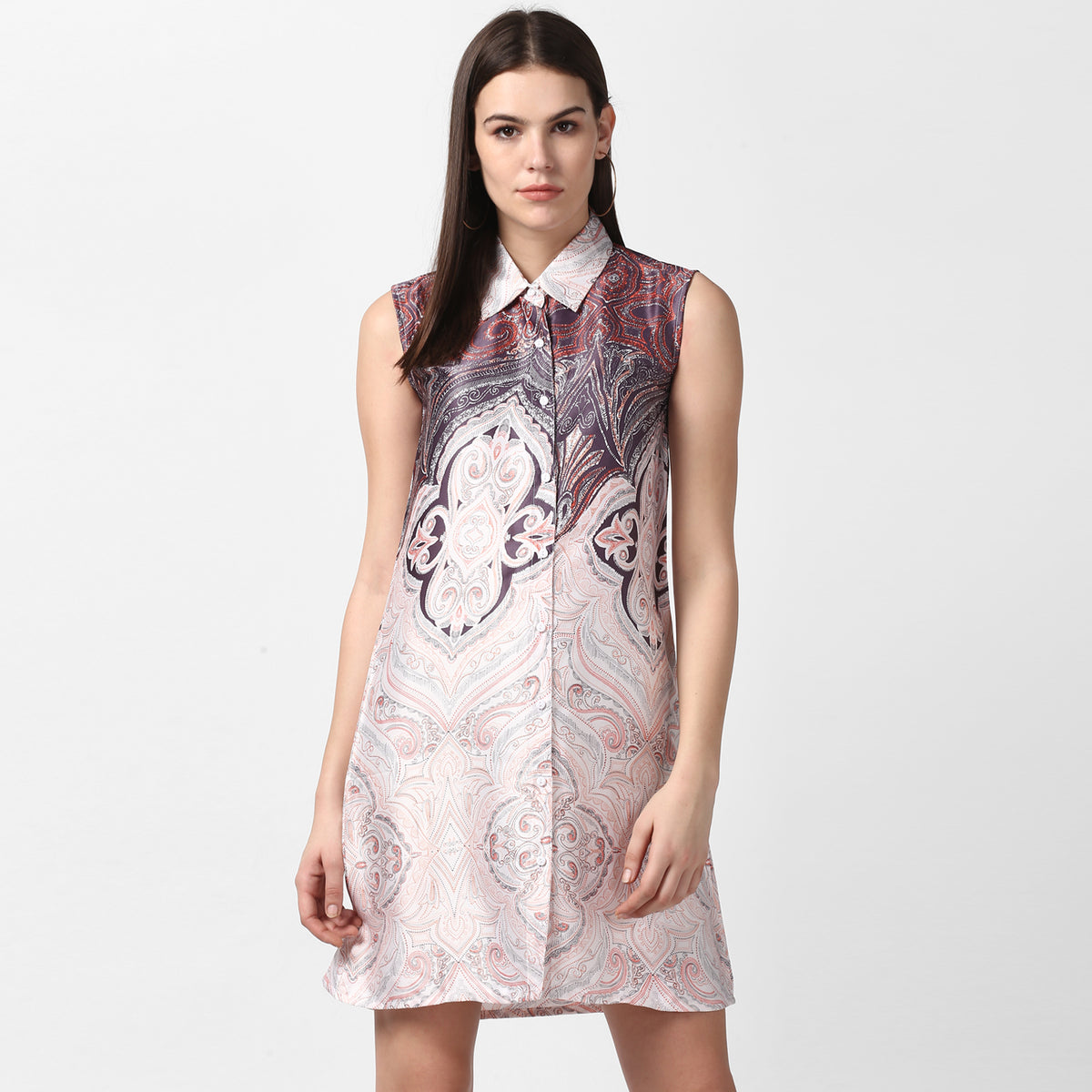 Women's Satin Printed Dress with front Buttons
