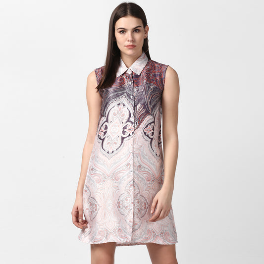 Women's Satin Printed Dress with front Buttons