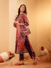 Women Pink Floral Printed  Gota Embellished  Flared Sleeve Kurta With Solid Trouser. And Dupatta