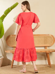 Women's Red Cotton Schiffli Maxi Dress