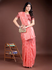 Elegant Peach Pink Linen Cotton Saree for Women – Soft Lightweight Saree with Subtle Self-Weave & Tassel Pallu