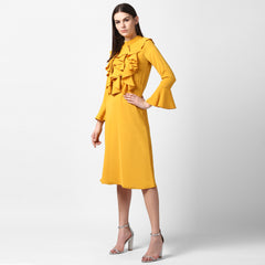 Women's Yellow Front Ruffle Bell Sleeve Dress