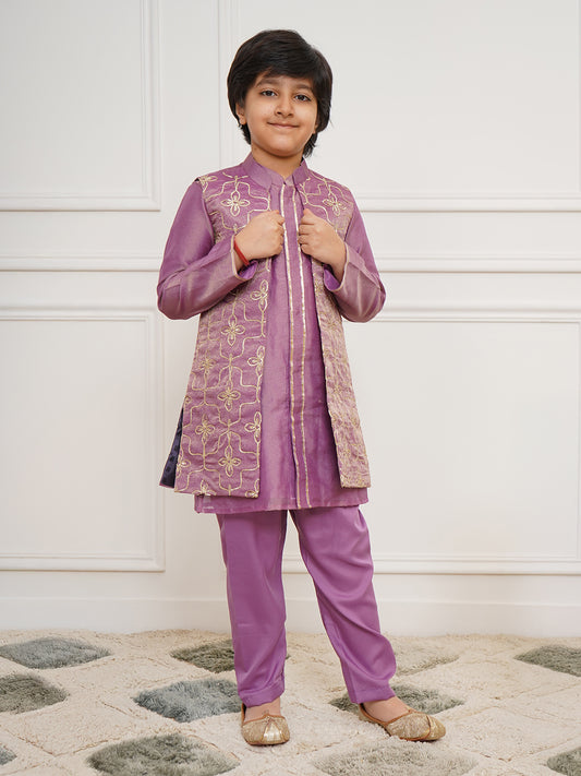 Boys' Purple Jacket, Kurta and Pyjama Set