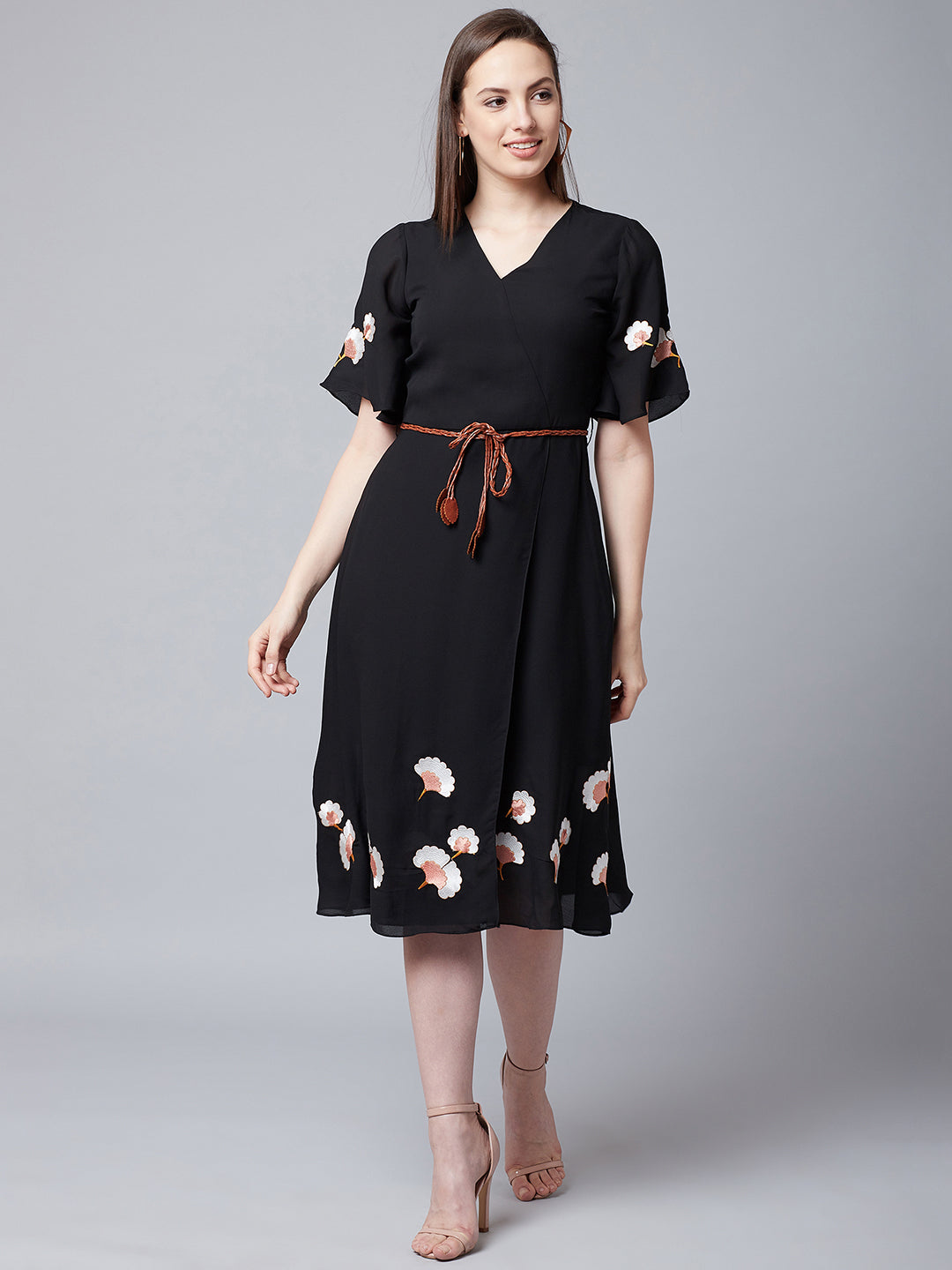 Women Black Embroidered Wrap Dress