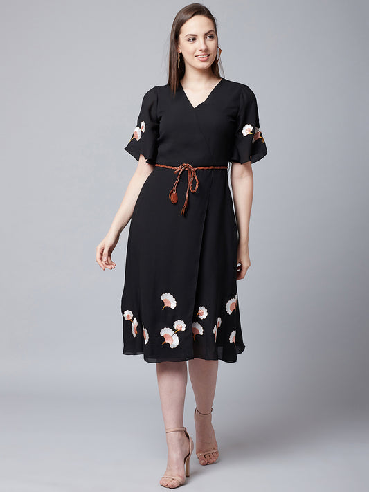 Women Black Embroidered Wrap Dress