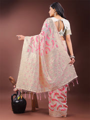 Elegant Beige & Coral Linen Saree with Zari Border and Abstract Pattern – Premium Festive & Office Wear