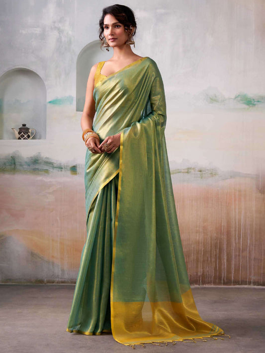 Light Green Tissue Silk Saree with Deep Mustard Border – Classic Ethnic Grace