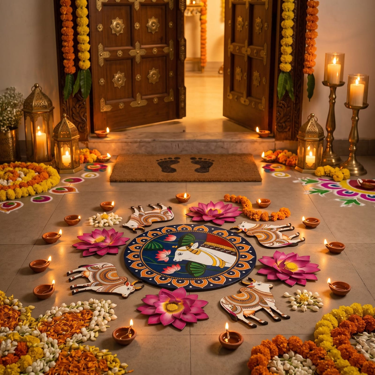 MDF Rangoli Set | Kamdhenu Cow & Lotus Pichwai Design | 9 Pcs