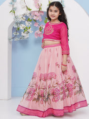 Girls Fuchsia Pink Flower Printed with Embroidered Choli, Lehenga with Dupatta