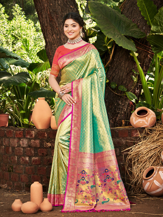 Kanjivaram Silk Saree for Women Yellow Wedding Wear with Red Blouse Rich Zari Woven Design Saree