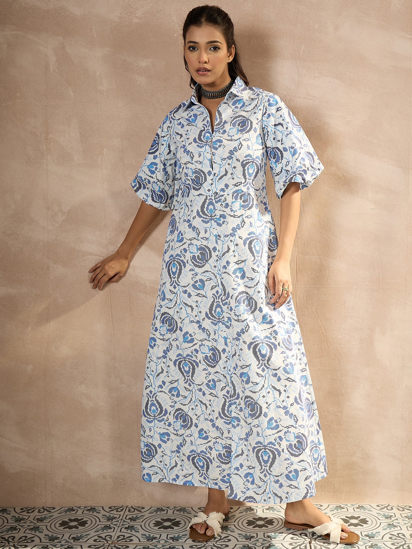StyleStone Women's Cotton Tiered Ikkat Printed Maxi Dress